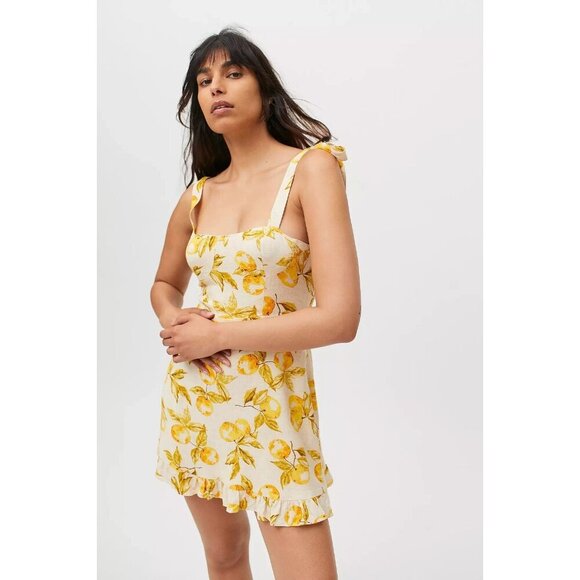 Urban Outfitters Lemon Yellow Linen Summer Ruffle Medium Tie Shoulder Mini Dress - Picture 1 of 15